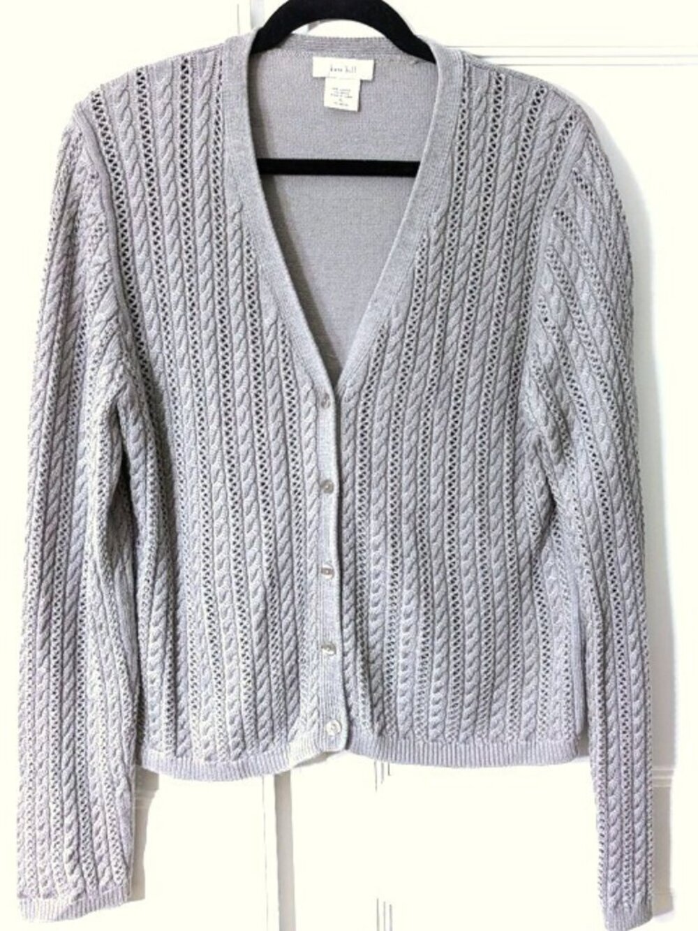 Kate Hill Cable Knit V-Neck Cardigan - Light Gray XL